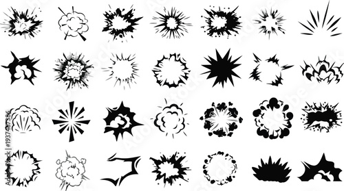 Comic style explosion and blast effects collection for graphic design action scenes and dynamic manga illustrations