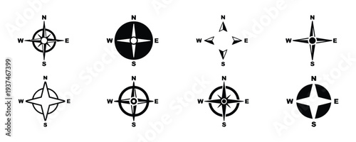 Compass rose icons and directional pointers for navigation and orientation