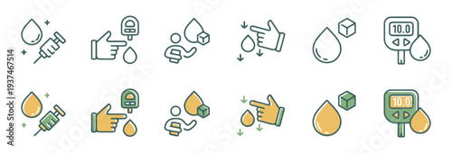 Diabetes testing and care icons with syringe blood drop glucose cube and meter
