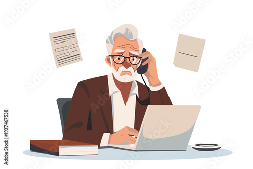 Frustrated Retiree on Phone with Customer Service virus cell isolated