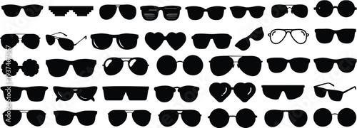 Different types of sunglasses silhouettes arranged in rows for retail display and optical store catalog design
