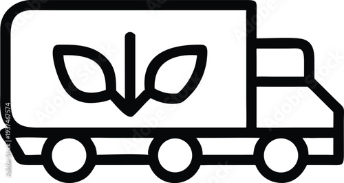 Outline depiction of an eco friendly delivery truck adorned with a vibrant leaf symbol