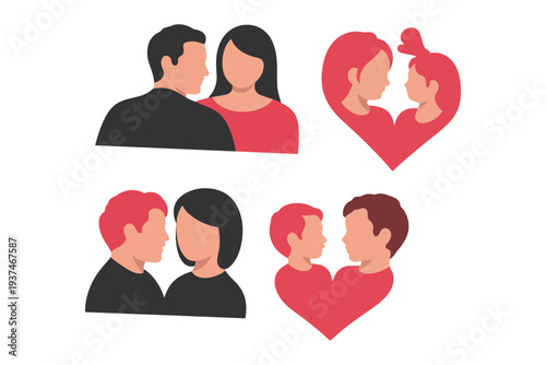 Couples in love, romantic relationships, heart symbols, affectionate pairs, tender moments