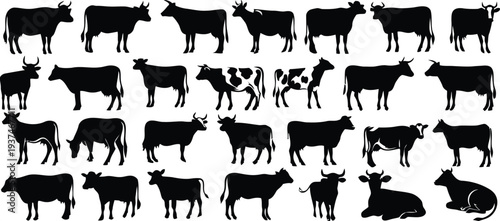 Diverse collection of black cow silhouettes in various farm poses