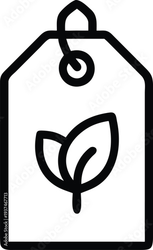 Outline drawing of an eco friendly product tag featuring a natural green leaf emblem