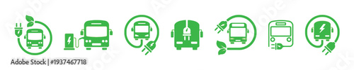 Electric bus charging and eco-friendly transportation icons
