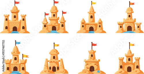 Cute Sandcastle Castle Set Illustration for Beach Summer Vacation, Cartoon Sand Castles Collection with Flags, Ocean Sand Architecture Vector Design