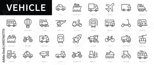 Diverse vehicle icons representing various modes of transport including cars boats planes and trains