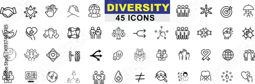 Diversity and inclusion icon set featuring collaboration teamwork community and equality linear symbols for business and social concepts