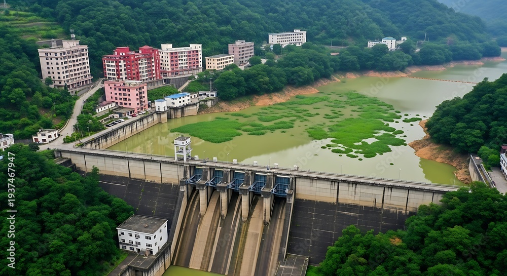 Fototapeta premium Aerial view of a dam with a city and lush greenery in the background buildings river 1
