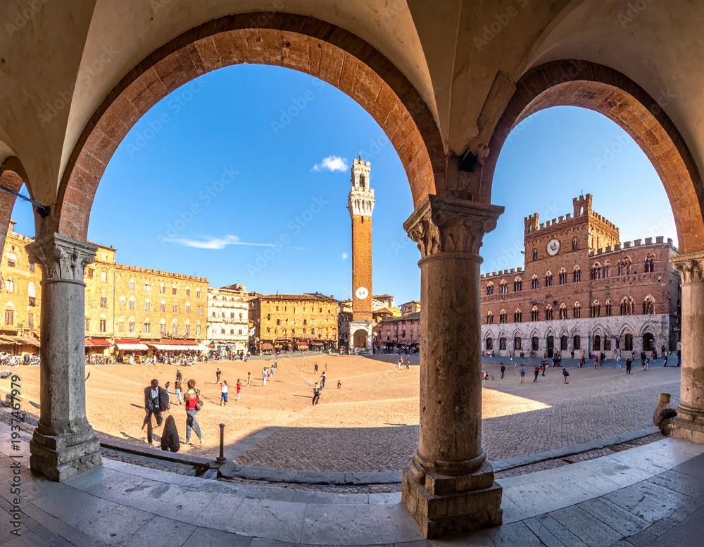 Naklejka premium Piazza del Campo in Siena, Italy, with Torre del Mangia and Palazzo Pubblico, viewed through historic arches.