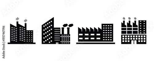 Factory buildings with smoke stacks, industrial manufacturing plants icons