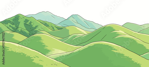 Lush green hills cover the land, with soft curves leading to far-off mountains under a clear sky. Nature shows bright colors and forms.