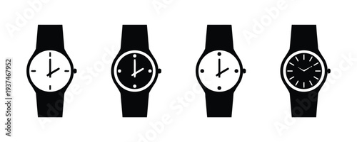 Four black silhouette icons of wristwatches showing different times and designs