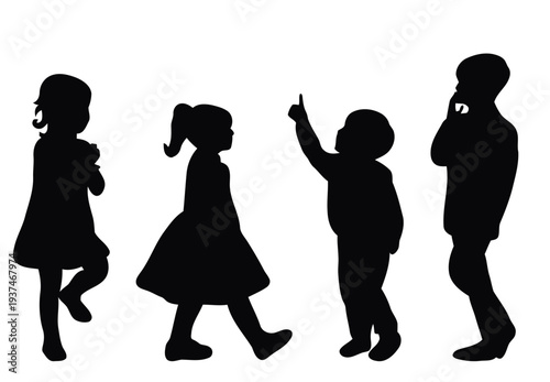 Four children silhouettes in playful poses, two girls and two boys, white background