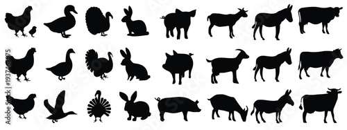 farm animal silhouettes collection on white background