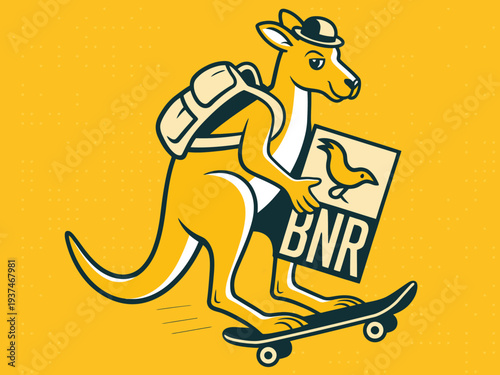 Cartoon kangaroo riding skateboard with backpack and hat on yellow background with BNR sign