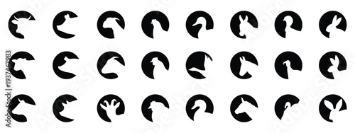 Farm animal silhouettes in circular frames set for agriculture and countryside concepts