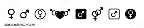 Gender symbols and love icons including male female and heart icons