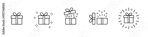 Gift box icons with open and closed variations and sparkles