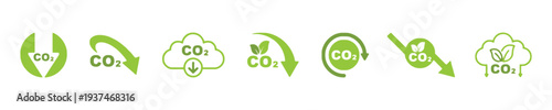 Green icons symbolizing carbon dioxide reduction and environmental protection