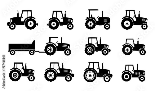 Farm tractor silhouette vector set with black agriculture machinery icons isolated on white background