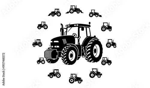 Black farm tractor silhouette vector with agriculture machinery icons in circular composition