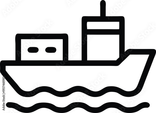 Outline illustration of a commercial cargo ship sailing on ocean waves delivering goods globally