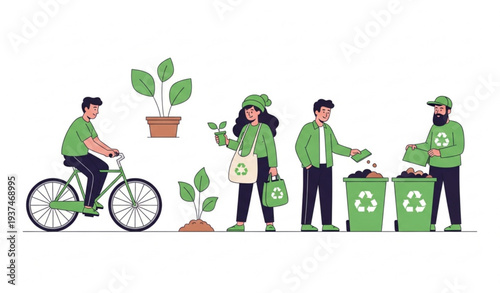 Eco Friendly Lifestyle Activities Bicycle Riding Recycling and Plant Care Sustainable Living Vector