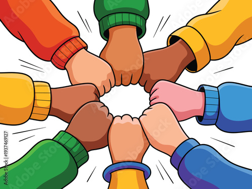 Diverse hands together in unity, colorful illustration of people joining forces in teamwork and cooperation