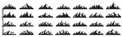 Collection of black mountain peak silhouettes and snowy hill icons isolated on white background set