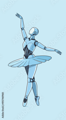 A robot dancer stands on one leg with arms raised, showing a ballet pose on a light blue backdrop in digital art form.