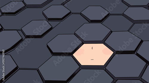 A person is seen peeking through hexagonal tiles on the ground in a city. The tiles form a unique pattern around them.