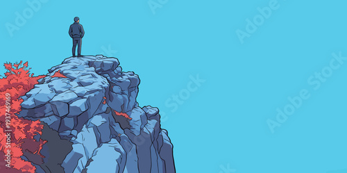 A person stands on a cliff, observing the sky with vibrant colors. The scene shows a calm moment outdoors.