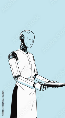 A robot waiter is holding a plate while standing in a restaurant. The design shows a clean and modern look with minimal details.