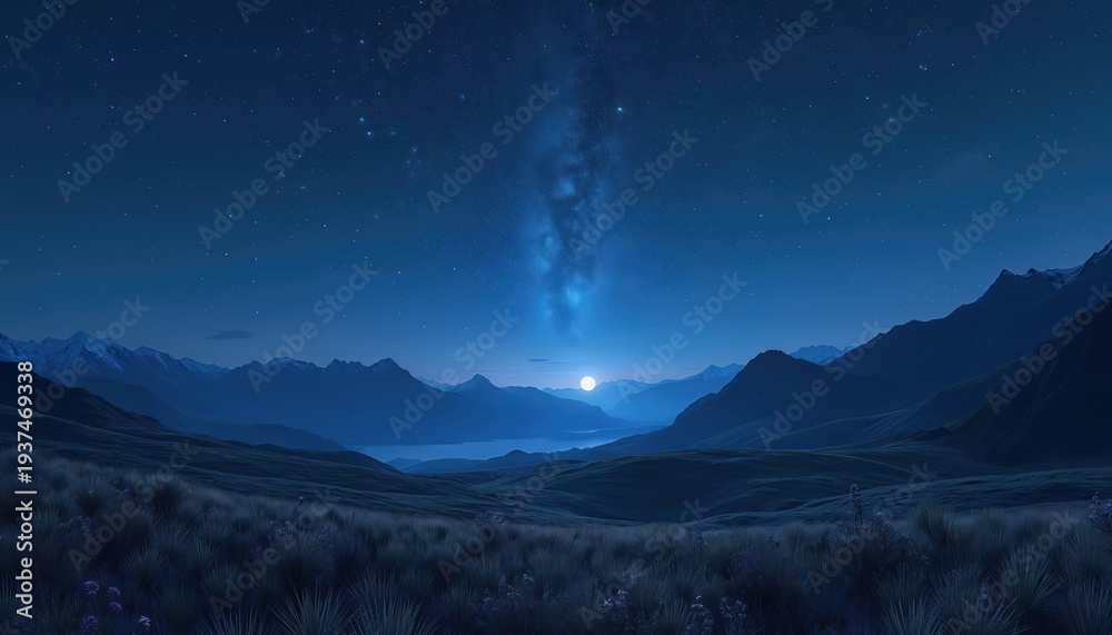 Fototapeta premium Starry night over mountains and calm lake. Milky Way glows above peaks. Full moon illuminates vast landscape. Dark blue sky with many stars.