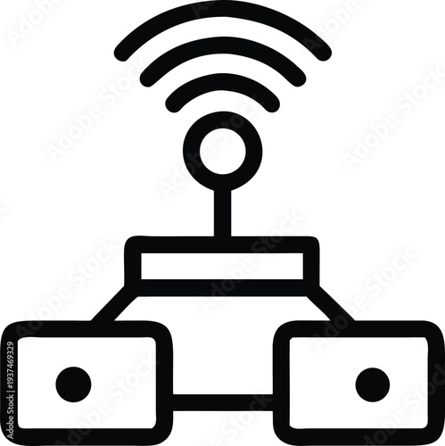 Outlined icon representing network devices connected with a central wireless transmitter sending signals