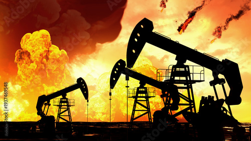 Wallpaper Mural Oil pump jacks silhouettes against massive explosion and fire at oil field from missiles during the war with Iran dramatic 3D render concept
 Torontodigital.ca