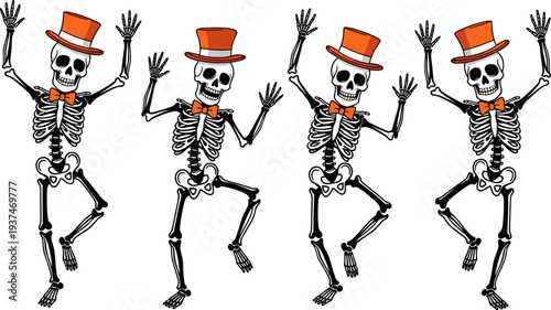 Dancing skeletons illustration set, Halloween skull characters wearing top hat bow tie, cartoon spooky vector isolated collection design