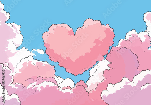 A heart shaped cloud hangs in a bright blue sky filled with fluffy pink clouds. It is midday with lots of sunlight.