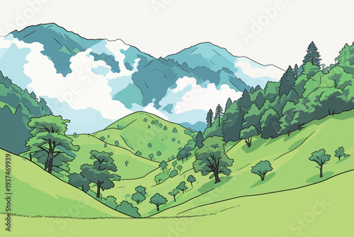 Green hills rise under cloudy skies with forested areas and scattered trees in a valley during the day.