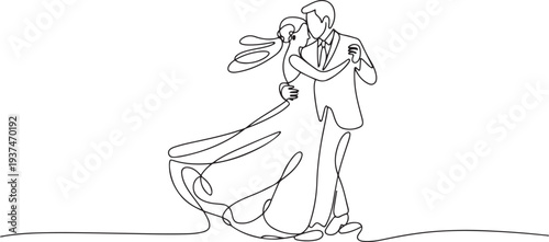 Line art drawing wedding couple married man and woman dancing on the floor at party park. Romantic young man and woman holding hands and spinning around. one line Icon drawing