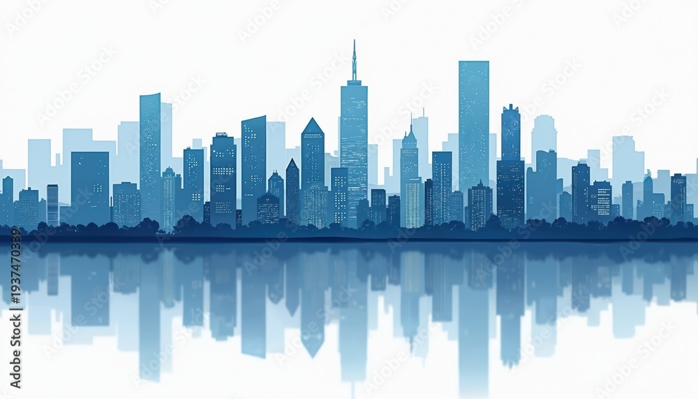 Fototapeta premium Blue cityscape skyline with skyscrapers and reflection in water. Modern urban architecture with buildings and towers. City panorama with blue shades. Graphic illustration.
