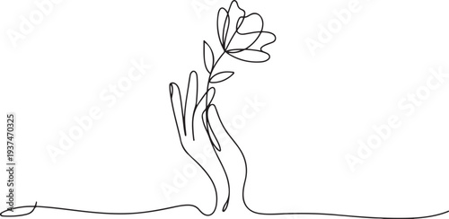 Hand with flower line art vector. Beauty salon logo. Cosmetics natural. one line Icon drawing