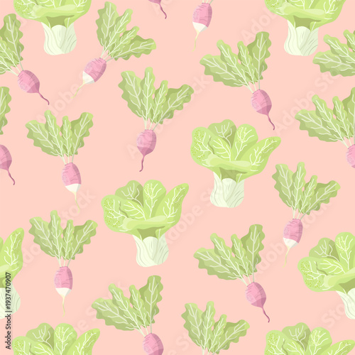 Seamless vegetable pattern with lettuce and radish on pink background
