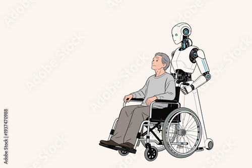 A robot helps an elderly person sitting in a wheelchair while they are inside a cozy home environment, showing companionship.