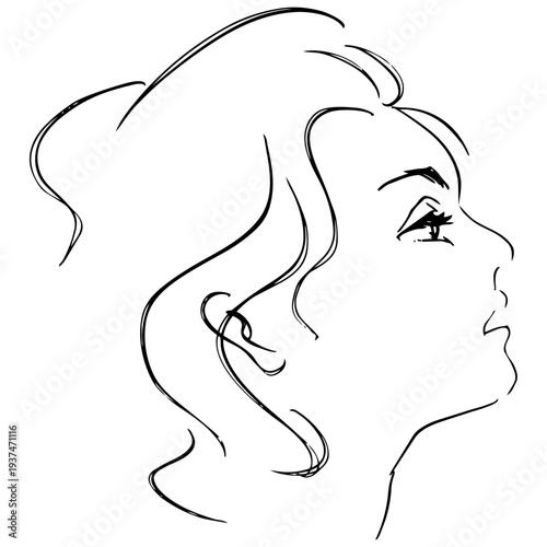 Simple line art of a woman's profile, wavy updo hairstyle, beauty and skincare concept