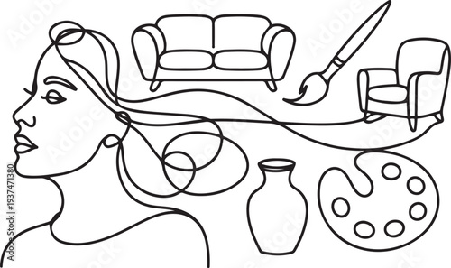 Interior designer minimal logo. Line art woman with interior objects flying out of her head. Sofa, armchair, paint, brush, vase. one line Icon drawing
