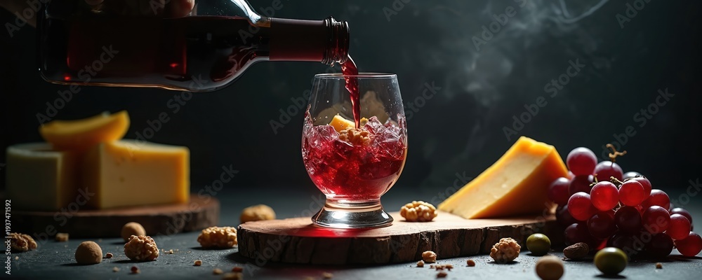 Naklejka premium Red wine streams into faceted glass with ice cubes and cheese. Grapes and nuts complement a gourmet refreshment, perfect for celebration or quiet evening indulgence.