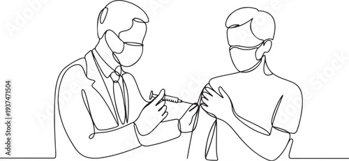 Astract doctor make injection to patient in medical mask. Covid-19 or coronavirus vaccine. Hand with Injection Symbol continuous line drawing. one line Icon drawing